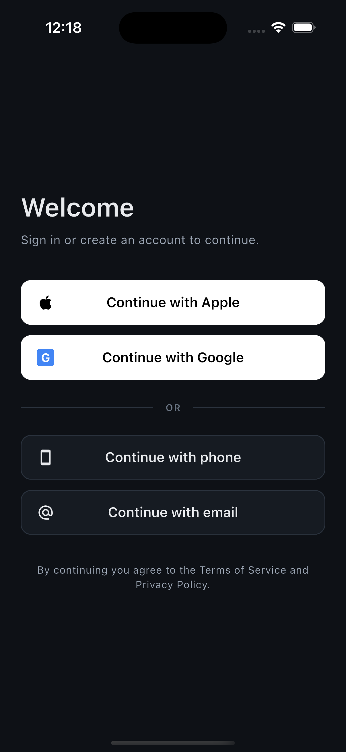 Welcome screen offering Continue with Apple, Google, phone or email