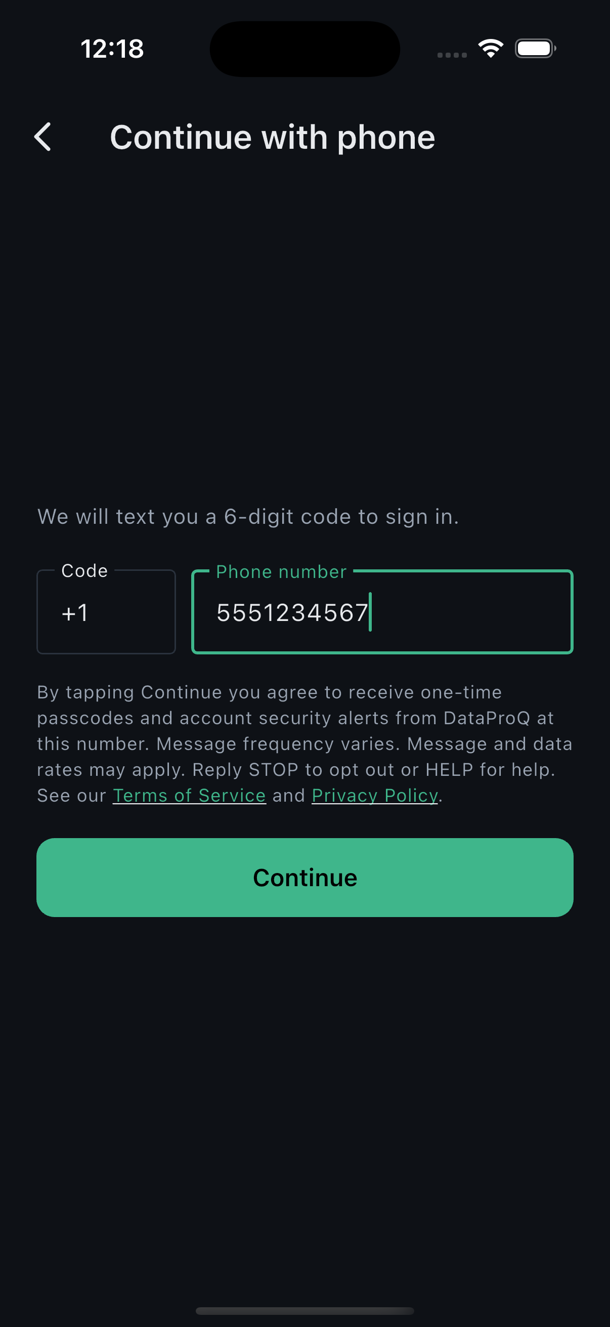 Phone number entry with the SMS consent disclosure shown above the Continue button