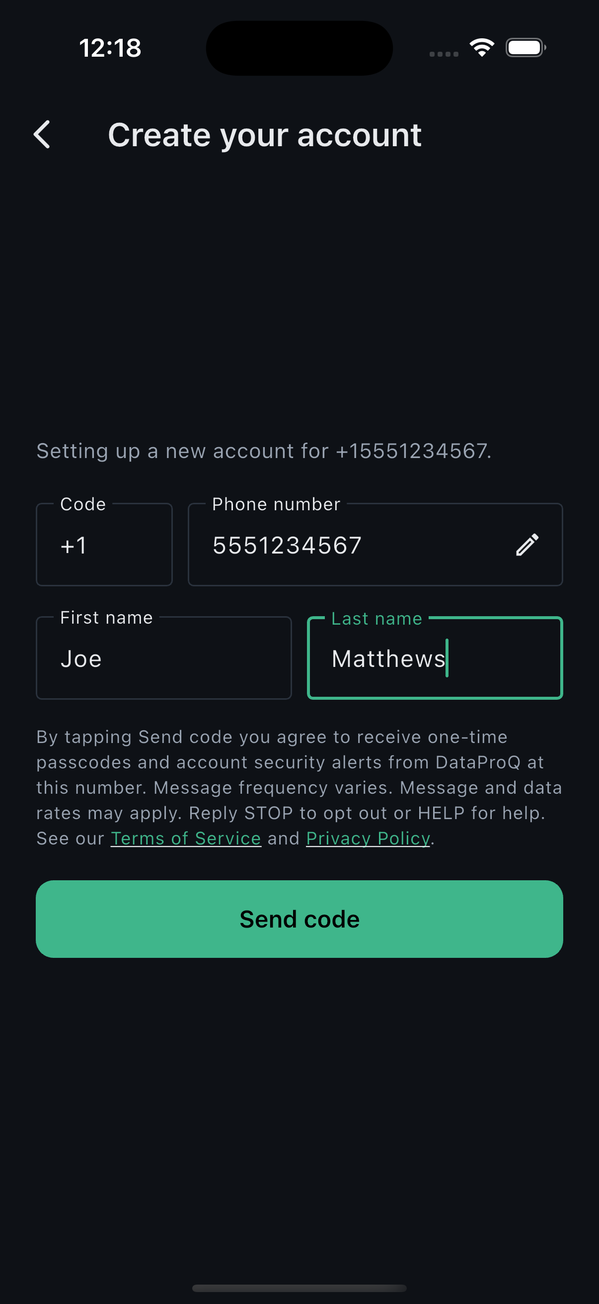 Confirmation screen repeating the SMS consent disclosure above the Send code button