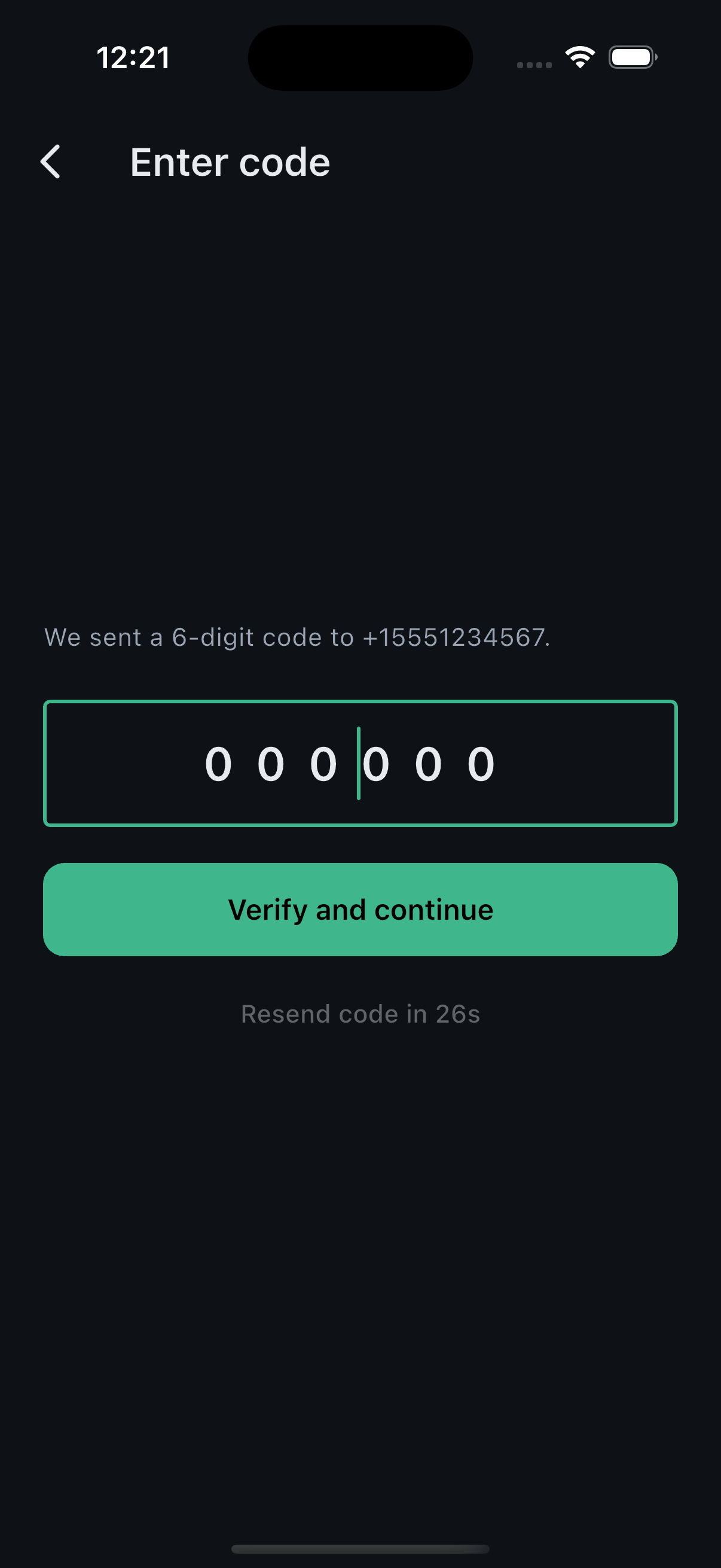 Passcode entry screen after the one-time code has been sent